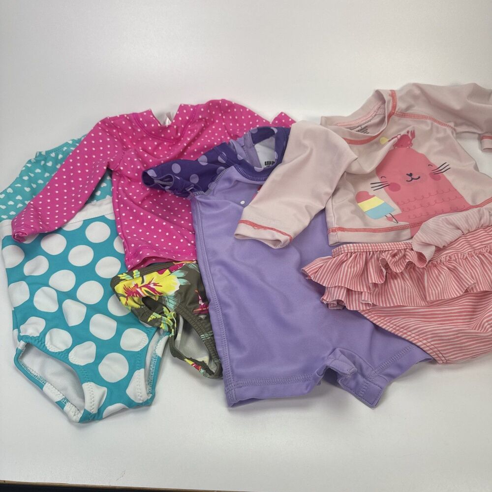 Lot of 4 Swimsuits Baby Girls 0-12 Month Bathing Suits Swimming Two & One Piece